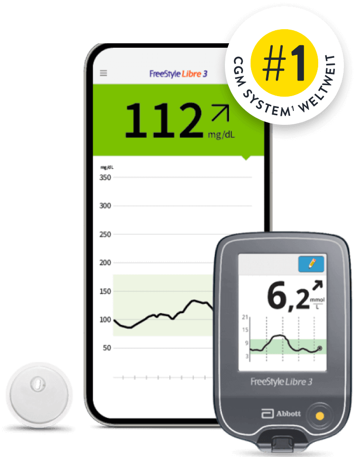 Komposition des FreeStyle Libre 3 Messsystems (Sensor, Smartphone-App und Lesegerät), sowie Sticker in der rechten Ecke mit der Aufschrift: Nummer 1 CGM-System weltweit